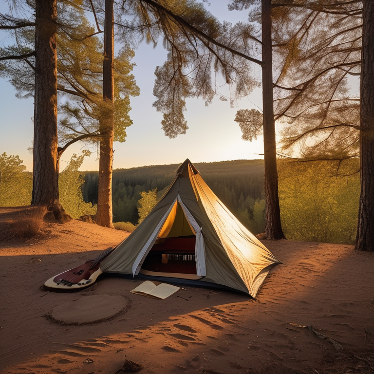 A cozy tent rests on a leafy dirt campsite in a quiet forest. A wooden guitar lies nearby as warm golden light shines through the trees. The clear sky adds to the peaceful outdoor mood.