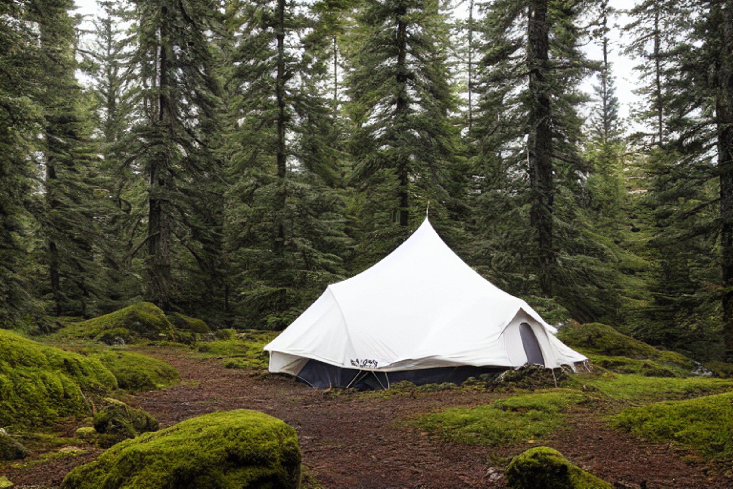 A white tent rests on a paved campsite in a mossy forest. Rain darkens the rocky ground as hikers pass nearby, while the setting sun glows through the trees.