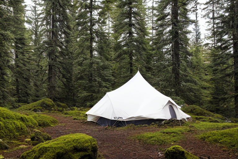 A white tent rests on a paved campsite in a mossy forest. Rain darkens the rocky ground as hikers pass nearby, while the setting sun glows through the trees.