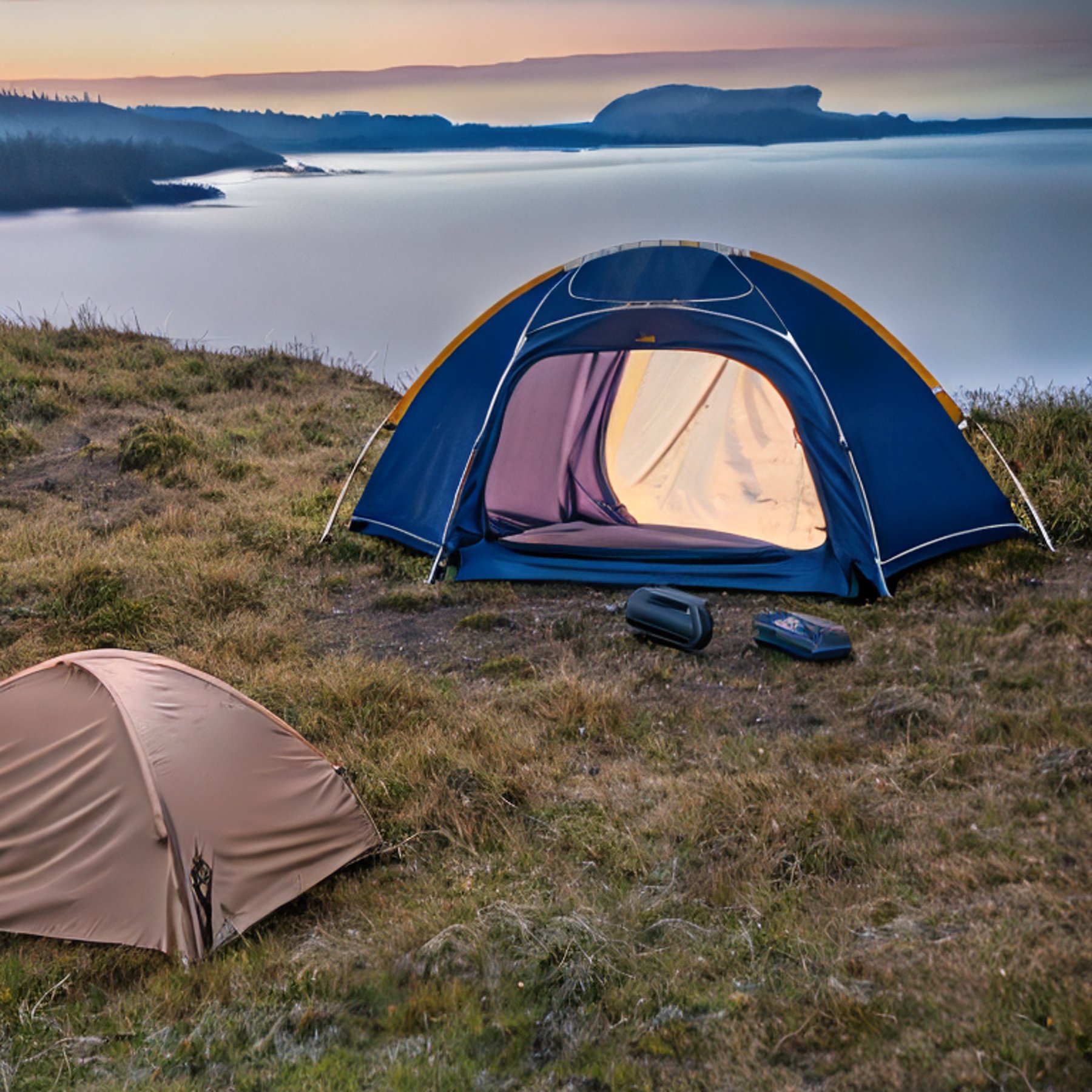 A cozy tent rests on a dirt clearing beneath the rainy night sky. Tall grass, rolling hills, hikers, and a box of camping gear surround the quiet Vancouver Island campsite.
