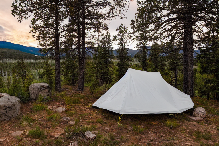 A cozy tent rests on a paved campsite in Colorado, surrounded by tall trees, boulders, and scattered stones. Soft sunset light shines through the cloudy sky, warming the leafy ground and open dirt patch.