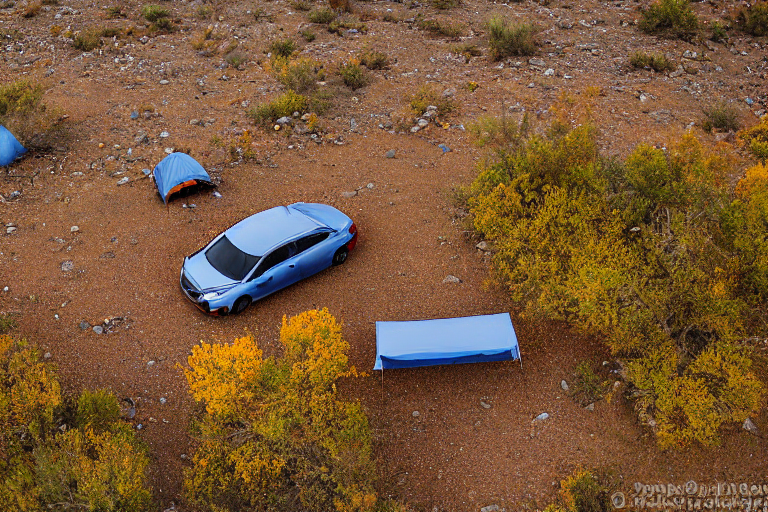 A blue Subaru with its rooftop tent open rests at a quiet campsite in the New Mexico desert. Fall-colored trees brighten the rough, rocky ground, while soft clouds cover the sky.