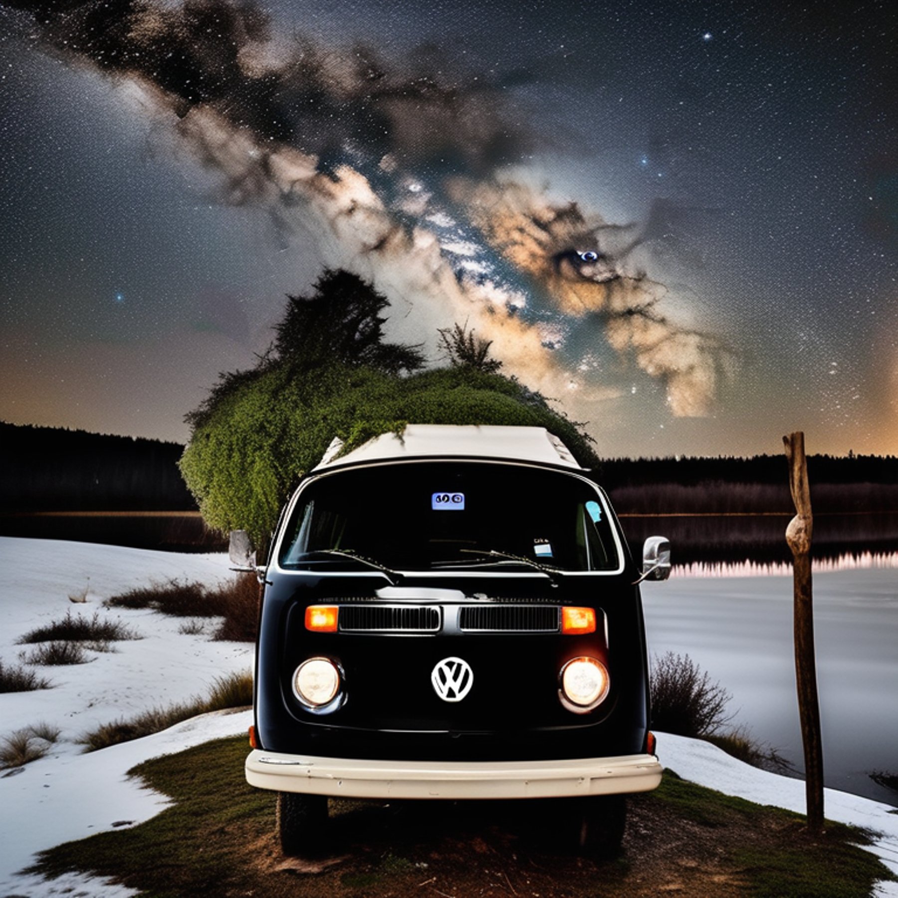 A black campervan rests on a quiet dirt patch beside a snowy lake. Mossy trees and tall grass surround the campsite, while a warm lantern glows near a large rock under the star-filled sky.