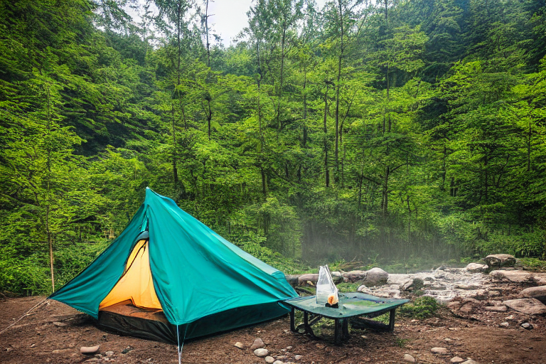 A teal tent rests on a quiet dirt campsite in Zhangjiajie, China. A clear stream winds through the camp beside a picnic table and a large rock. As the sun sets, a small lantern adds a warm glow under the open sky.