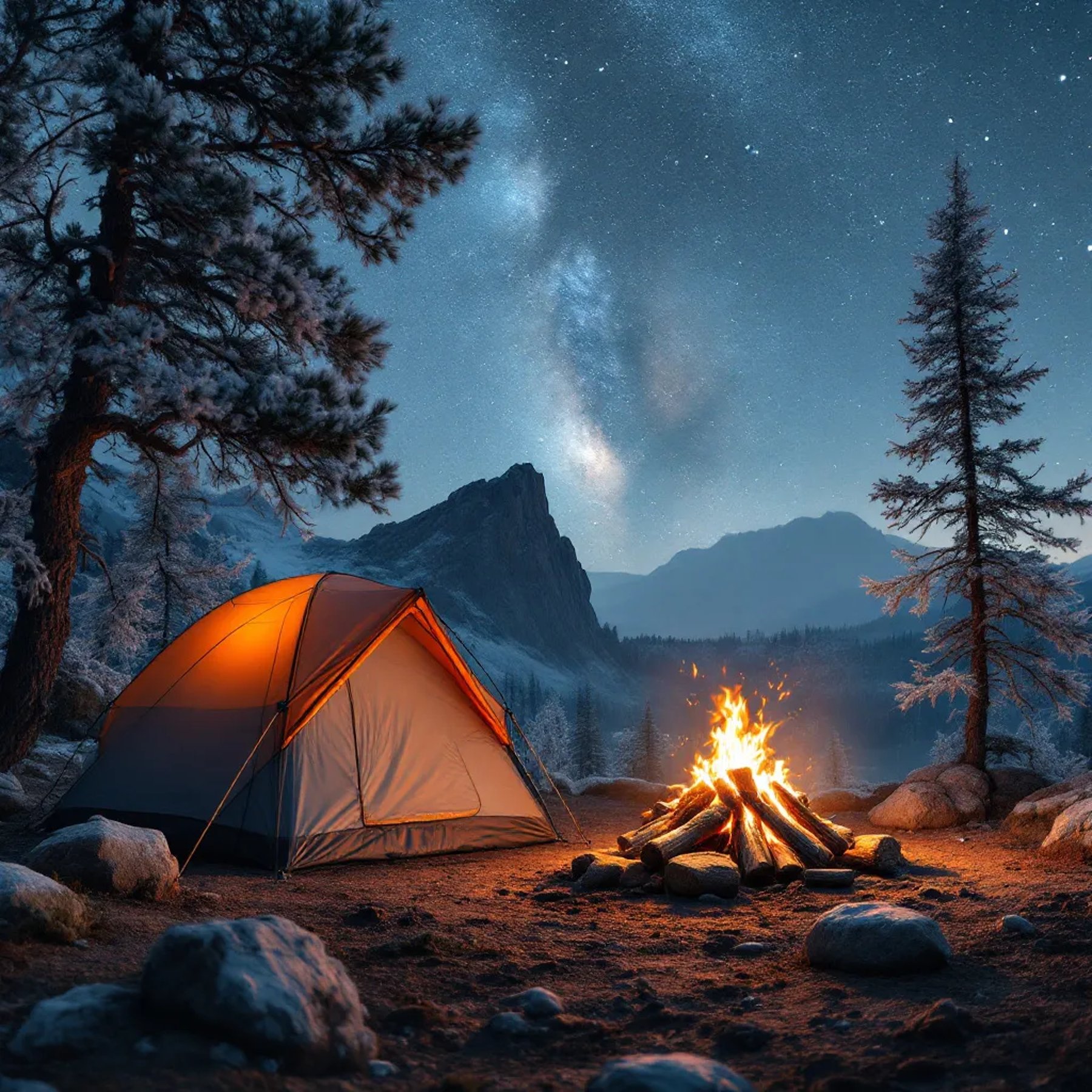 A gray and orange tent rests on rocky ground beneath a star-filled sky. A warm campfire glows beside the tent, while meteors streak over snowy mountain trees. Frosty branches and a large rock add to the quiet winter scene.