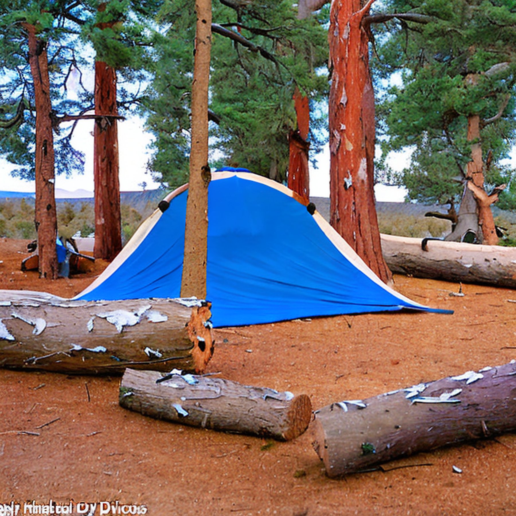 A blue tent rests beside a snowy campsite as the sun sets. A small stream winds through mossy trees, while a warm campfire glows near a large log.