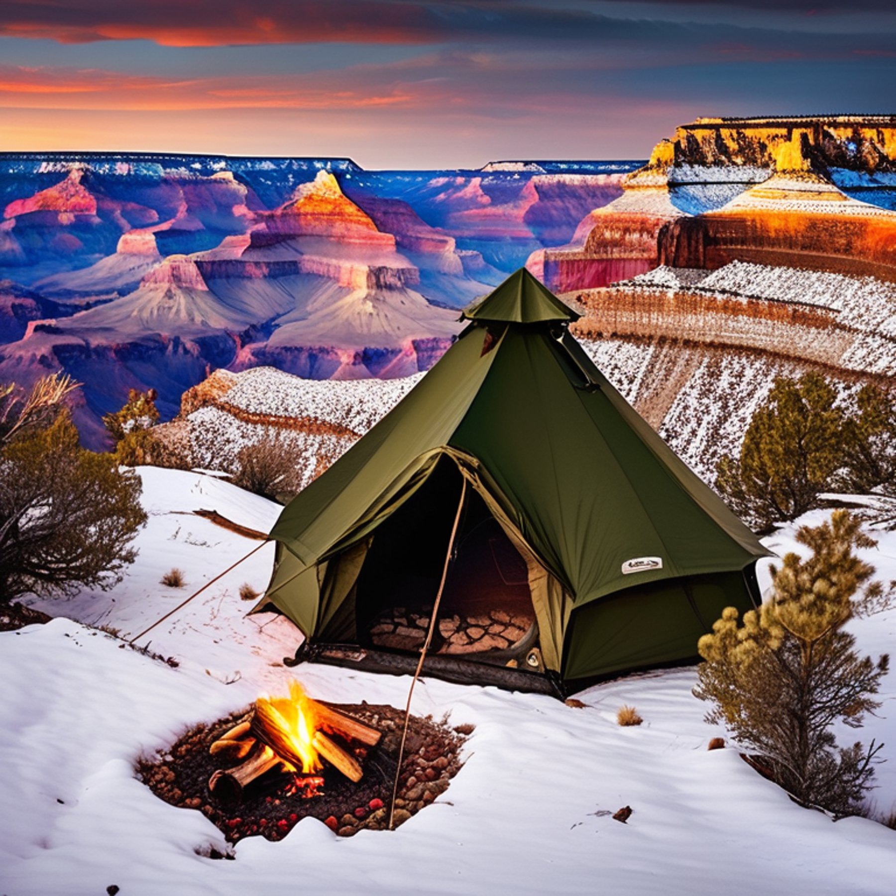 A green tent rests beside a warm campfire at the Grand Canyon. Snow dusts the ground, while small trees and berry bushes add color to the quiet campsite. A lantern glows near the fire as the sun sets.