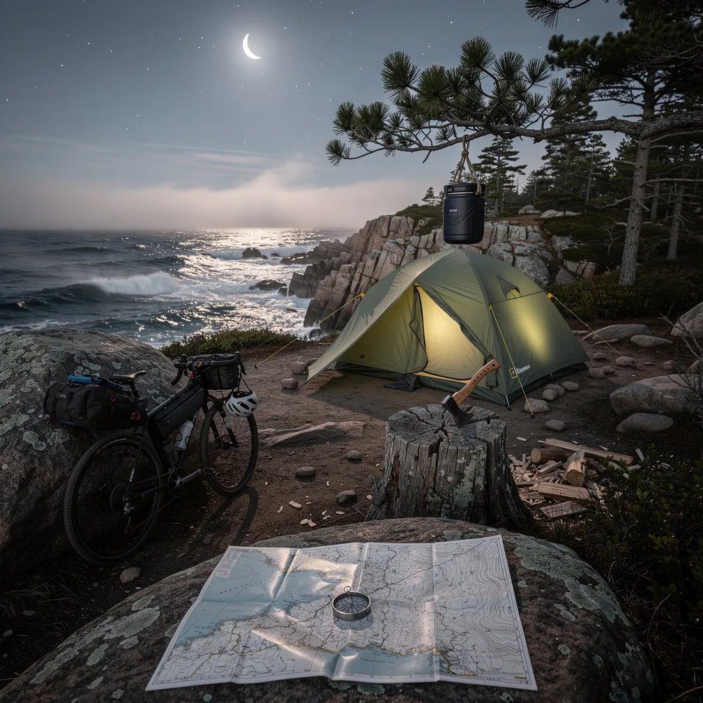 A sage green tent sits on a rocky cliff above the dark ocean, with cold mist drifting in the moonlight. A bicycle leans on a boulder, and a warm glow shines from inside the tent. Nearby, an axe rests in a worn stump, and a map and compass lie open on the ground. High in a pine tree, a bear-proof food canister hangs safely over the campsite.