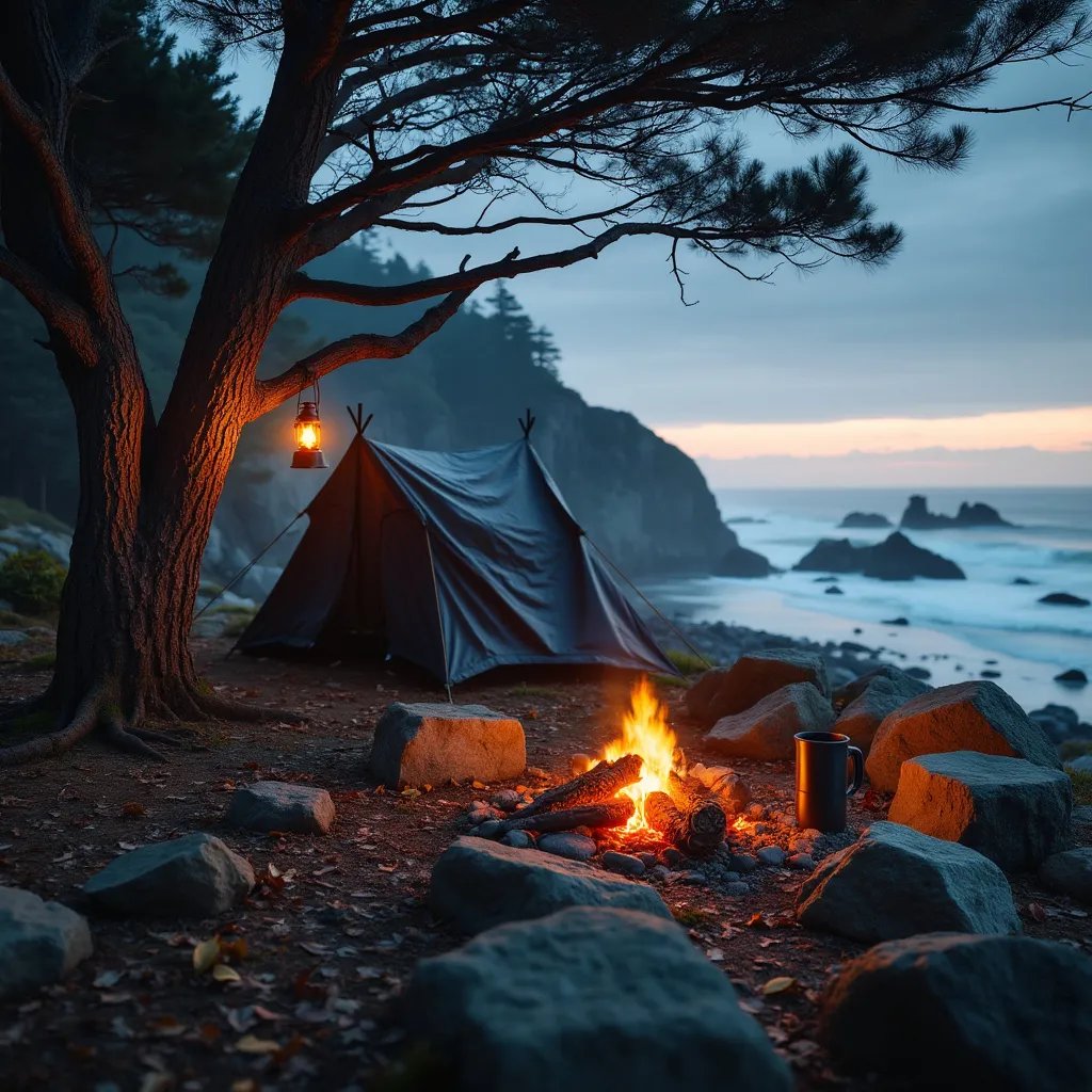 A dark gray tarp shelter rests among stone slabs and fallen leaves on the California coast. A lantern glows from a nearby tree, while a mug sits by the campfire. Sunrise breaks through the stormy sky, creating a wild and peaceful camp.