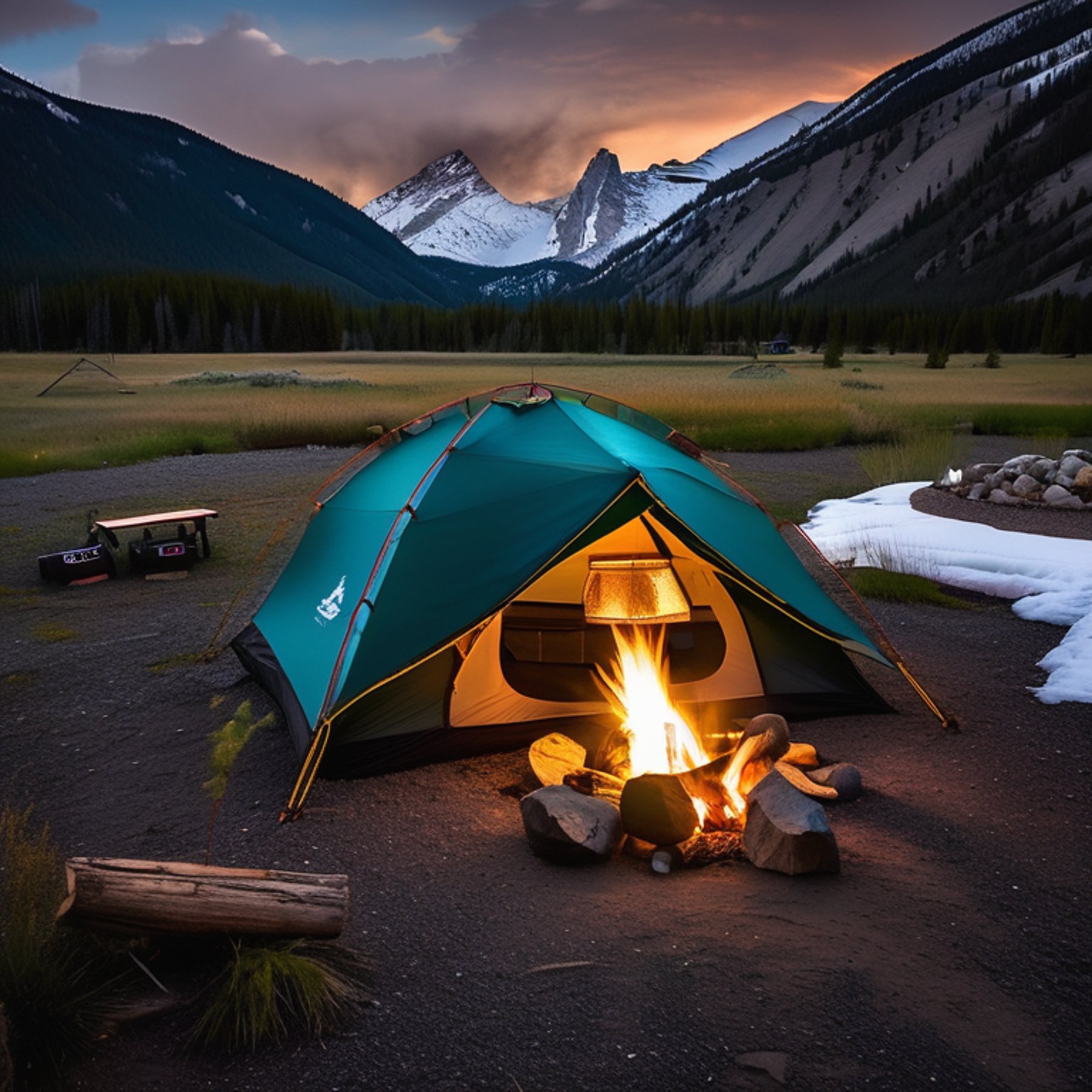 A teal tent rests on a snowy dirt campsite beneath tall Montana mountains. A warm campfire glows among stone-ringed logs, with camping gear nearby and patches of gravel scattered across the ground.