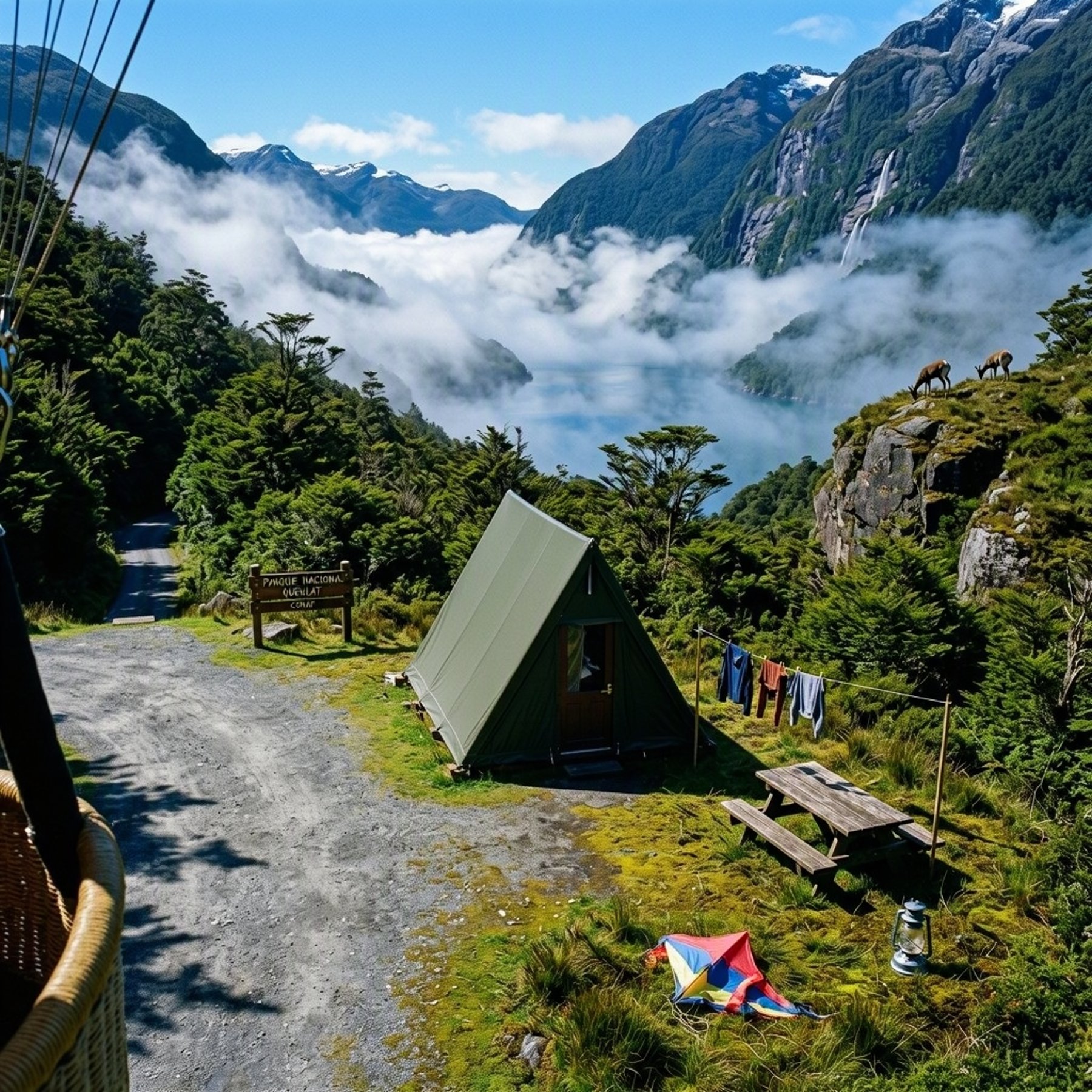 An army-green cabin rests in a mossy glade beneath bright blue skies. Cool fog drifts through the fjord valley, with tall green mountains rising beyond. A picnic table, clothesline, lantern, and tangled kite bring this quiet campsite to life, while two deer graze on a distant cliff.