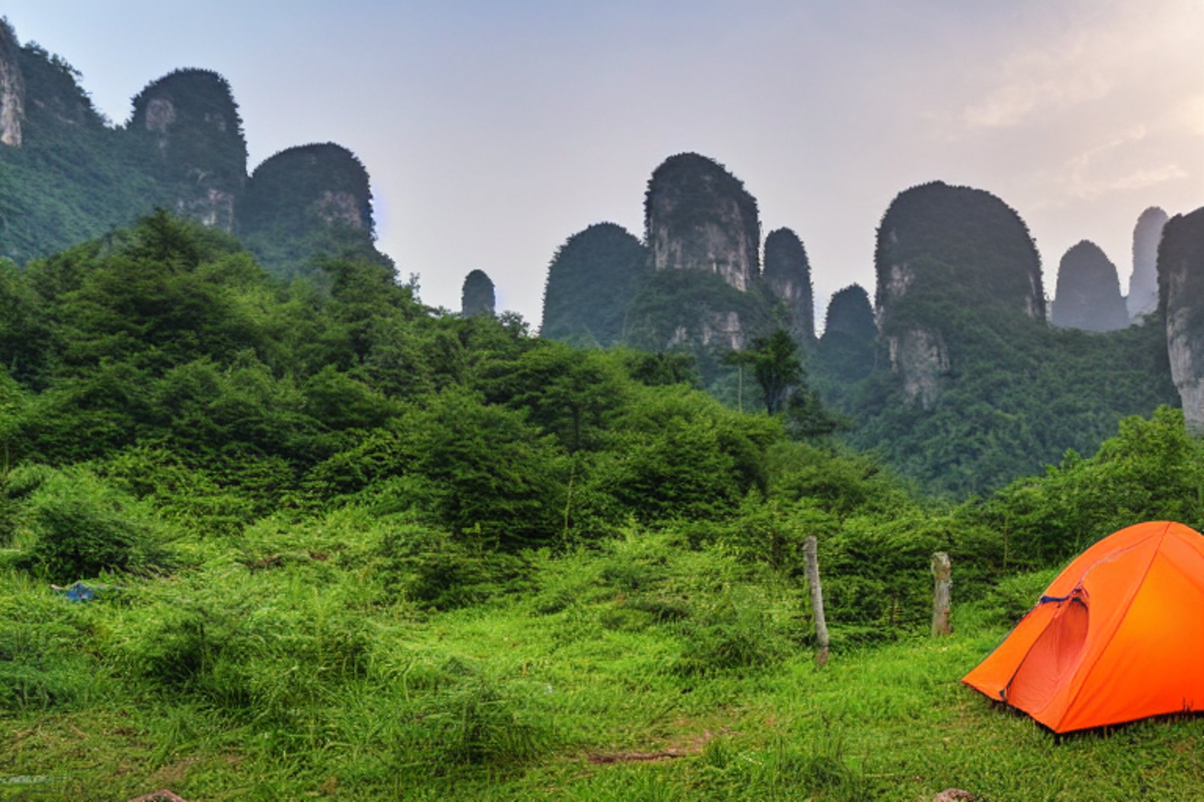 An orange tent rests beside a small campfire on a sunny dirt clearing. Tall grass and bright flowers surround the campsite, with Zhangjiajie’s tall mountains rising in the distance.