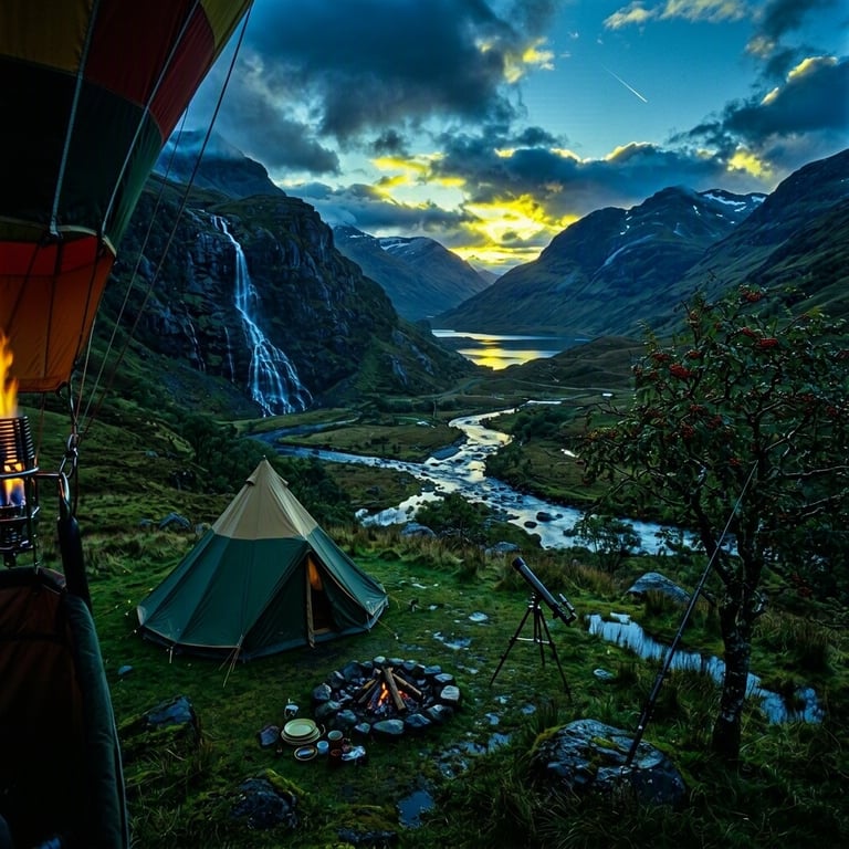 A cozy green-and-tan tent rests in the wet Highland grass beneath a cool twilight sky. Nearby, a stone fire ring glows softly beside stacked logs, camping plates, and a telescope. Beyond the camp, a tall waterfall flows under a bright shooting star.