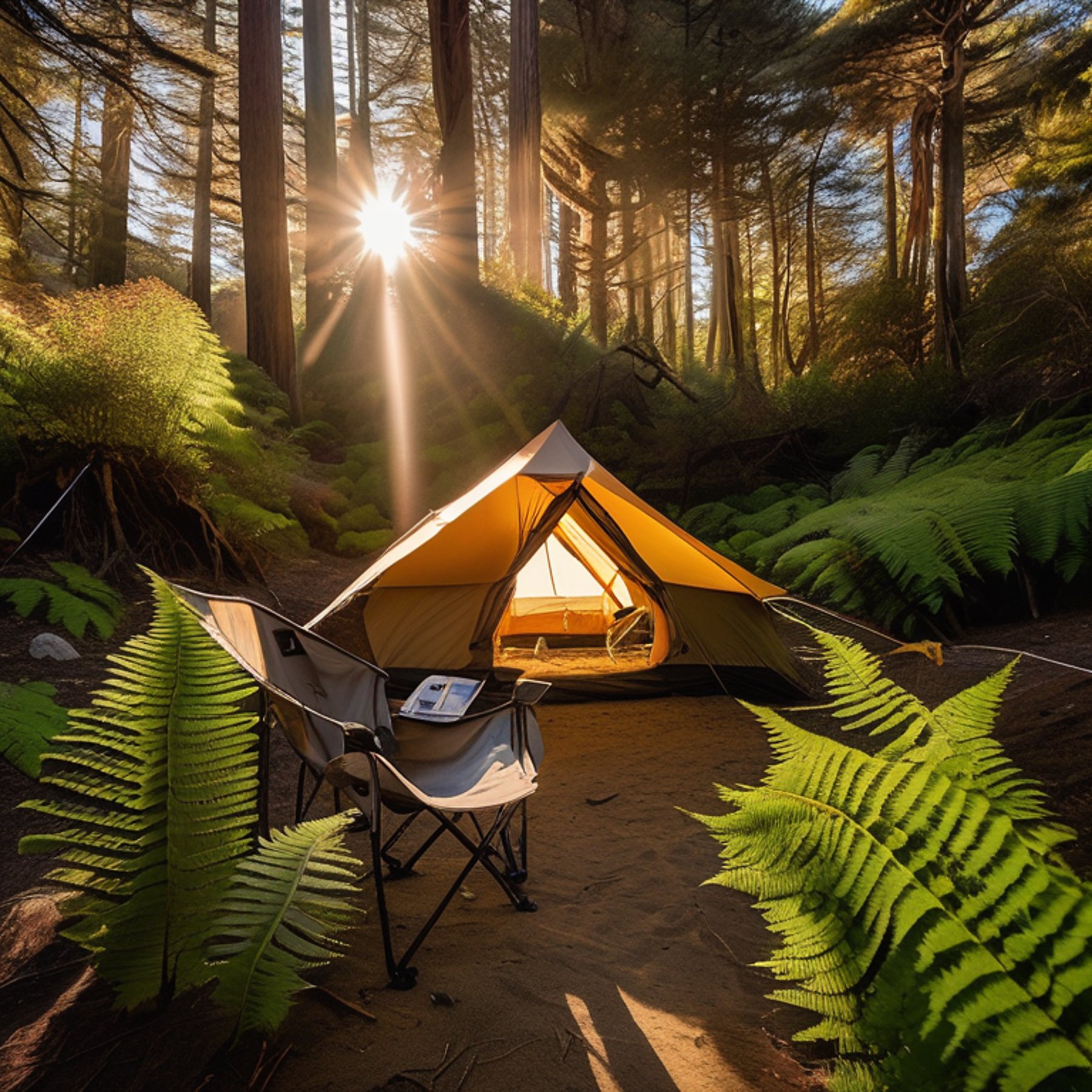 A tan tent rests on a quiet dirt campsite in Big Sur as the sun sets. Camping chairs, a backpack, and green ferns surround the warm, peaceful scene.