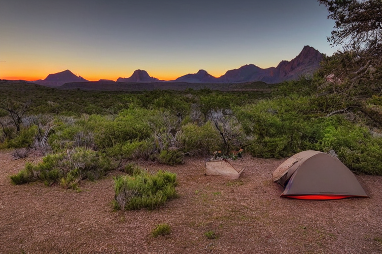 Two brown tents sit on a dirt patch beside a warm campfire. Rainy skies, mossy trees, berry bushes, and distant mountains create a peaceful wild setting, while the moon peeks through the sunset clouds.