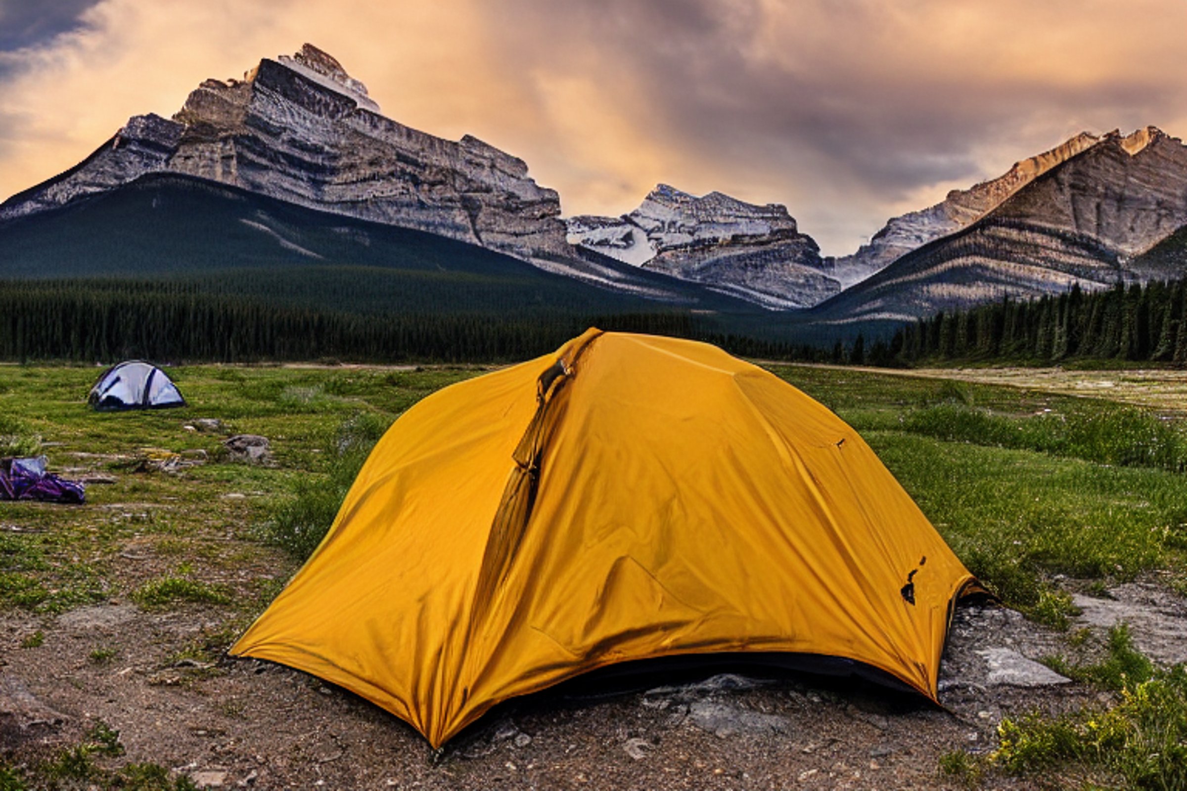 A cozy tent rests on a dirt patch beside a paved campsite as rain falls over Banff National Park. Tall mountains rise in the misty background, while hikers and surfers add a lively touch to the cool sunset scene.