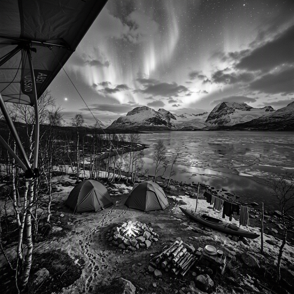 Two brown tents rest in a quiet birch grove beside the dark, icy lake. A small campfire glows among the stones, while an aurora shines through the cloudy polar-night sky. A kayak, stacked plates, hanging laundry, and animal tracks make the lonely campsite feel ready for adventure.