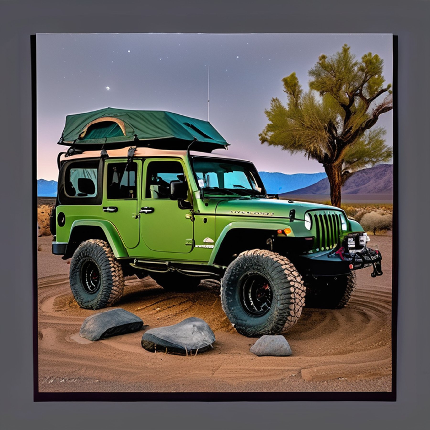A green Jeep with a rooftop tent rests on a quiet dirt campsite in Death Valley. A small campfire glows among stone slabs as rain falls beneath the starry night sky. A deer stands far away near the trees.