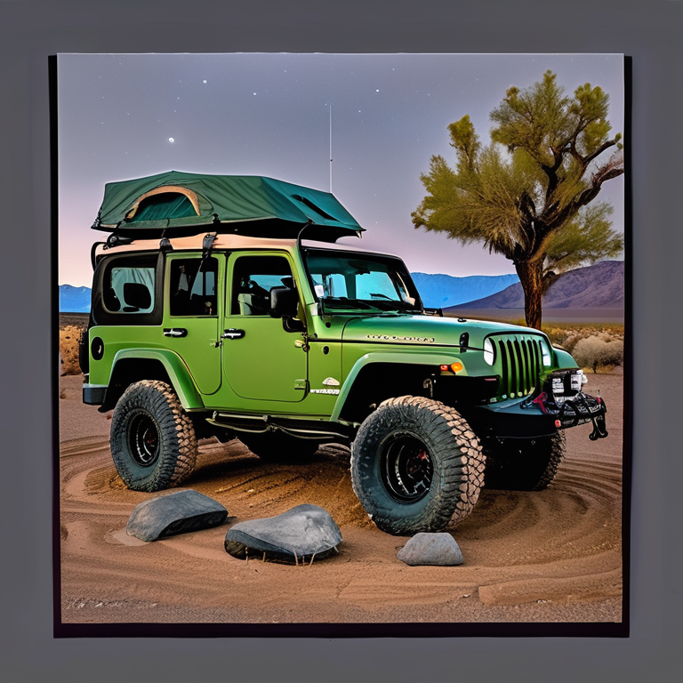 A green Jeep with a rooftop tent rests on a quiet dirt campsite in Death Valley. A small campfire glows among stone slabs as rain falls beneath the starry night sky. A deer stands far away near the trees.