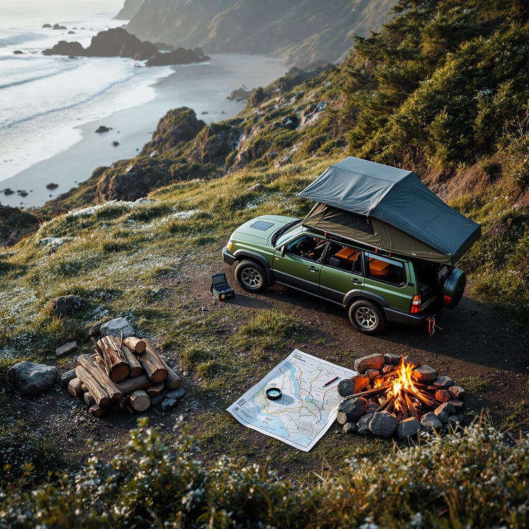 Perched on a grassy cliff by the sea, this campsite has a cozy rooftop tent and a crackling campfire ready for marshmallow toasting. The ocean waves crash gently below, and a map awaits the next adventure. It's a perfect spot for a peaceful getaway with nature all around.
