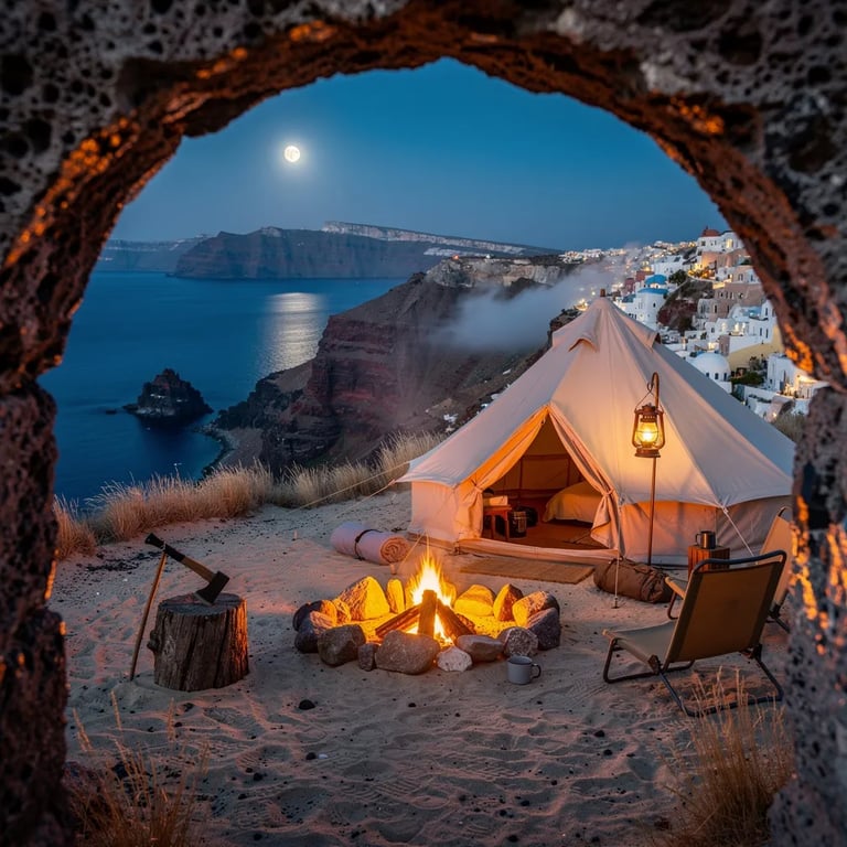 A cozy bell tent sits on sandy ground with tall dry grass, framed by a rough stone arch. Warm lantern light and a small campfire glow as cool sea mist drifts over distant cliffs. A bright full moon rises above the water, making the whole campsite feel calm and magical.