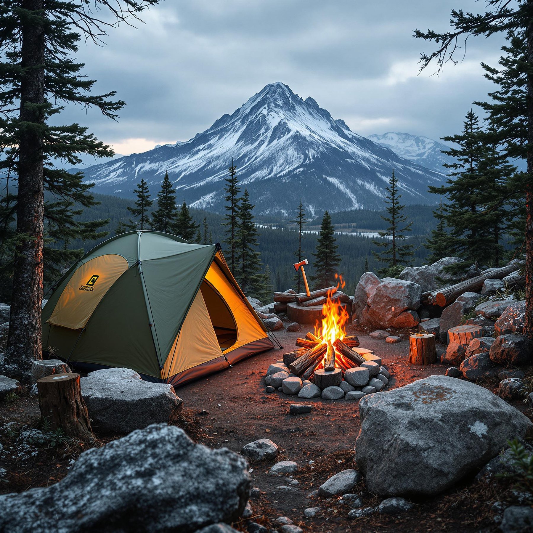 A green and tan tent rests in a quiet, snowy campsite surrounded by rocky trails. A small campfire, stacked logs, and an axe in a tree stump add a cozy touch. Far away, snowy mountain peaks fade into the soft, cloudy sky.
