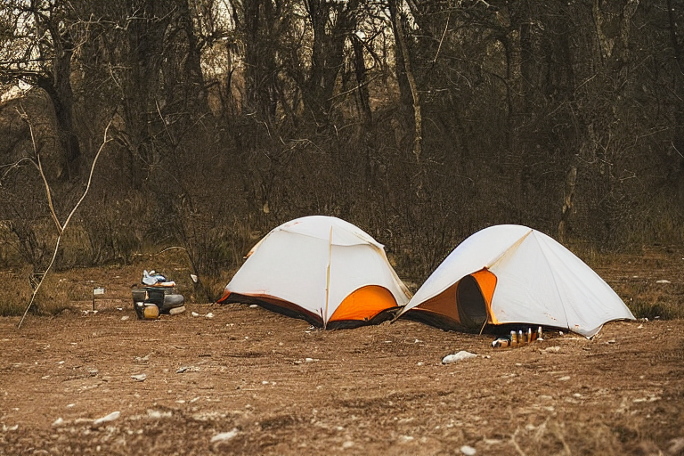 A white tent rests on a snowy dirt campsite in Capitol Reef National Park. A warm light glows inside, while a campfire and logs sit nearby. Golden evening light shines over the rugged landscape.