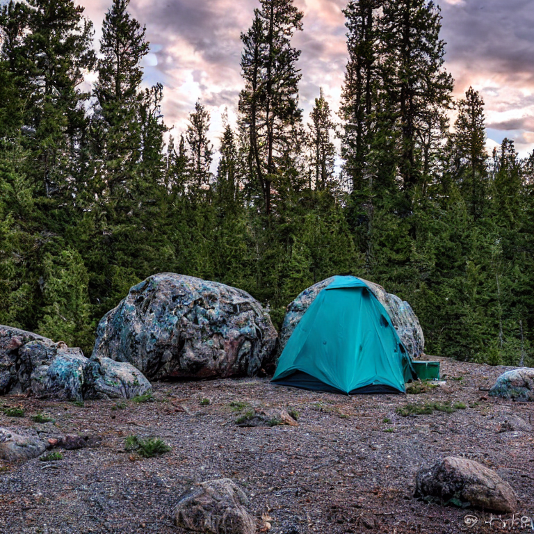 A teal tent rests on a paved campsite in Montana beneath a cloudy sunset sky. Moss-covered trees, large boulders, and a rocky patch surround the site, while a lantern glows softly on the ground.