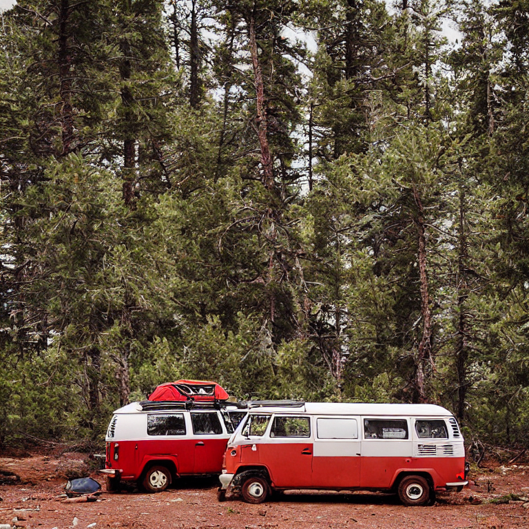 A red-and-white camper van rests at a quiet campsite in the New Mexico desert. A warm campfire glows beside a large log, while ferns and tall trees surround the dirt clearing. Clouds fill the nighttime sky, creating a cozy, peaceful mood.
