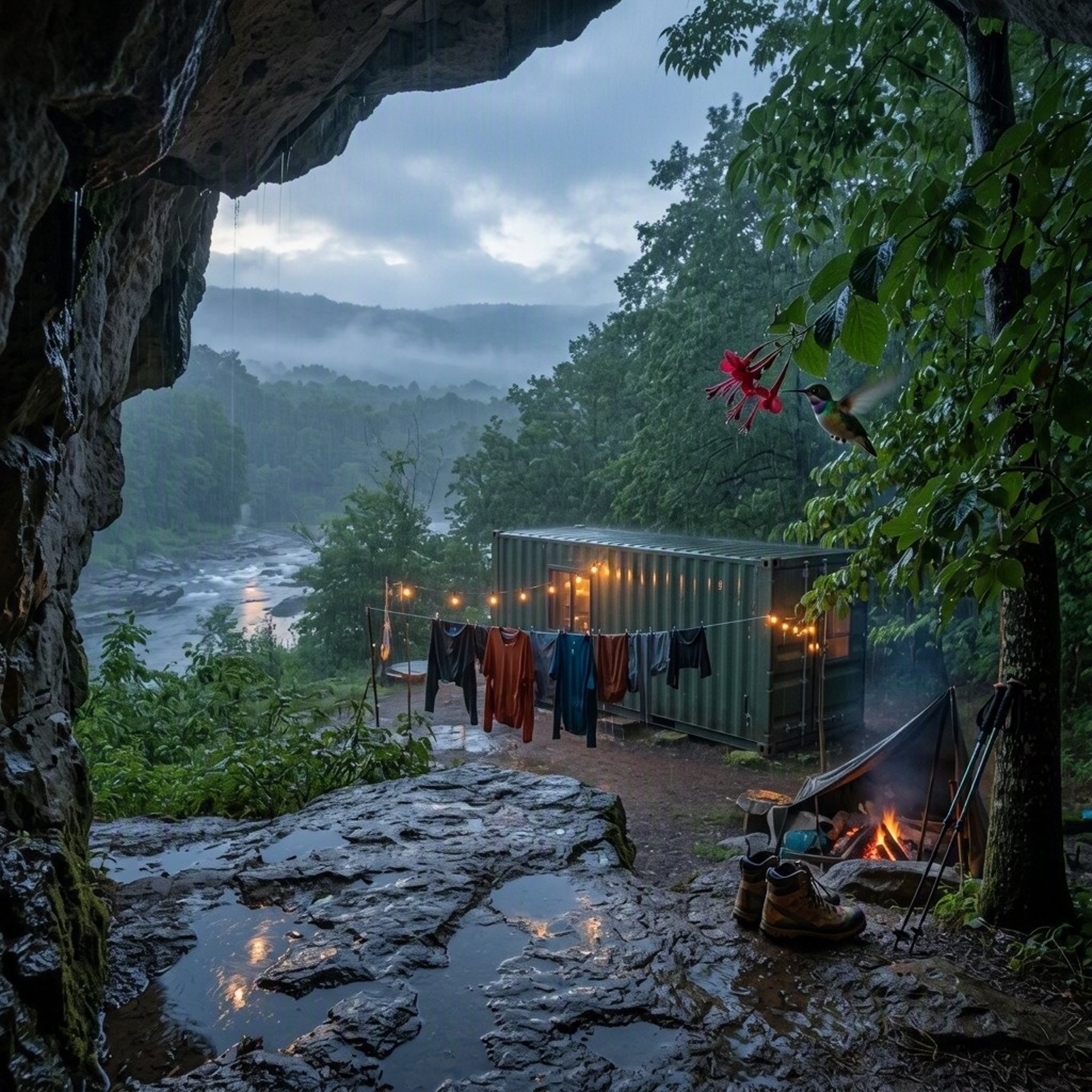Rain falls softly around a cozy green cabin tucked among leafy bushes. Warm lights glow over wet rocks, puddles, hiking boots, and a small sheltered fire. A hummingbird flutters nearby as misty blue dusk settles over the quiet campsite.