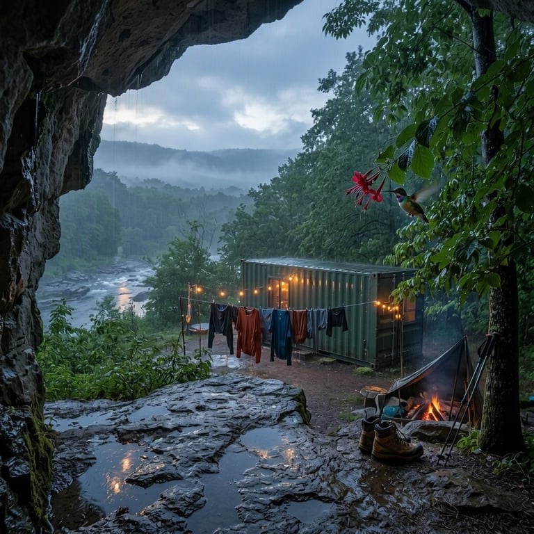 Rain falls softly around a cozy green cabin tucked among leafy bushes. Warm lights glow over wet rocks, puddles, hiking boots, and a small sheltered fire. A hummingbird flutters nearby as misty blue dusk settles over the quiet campsite.