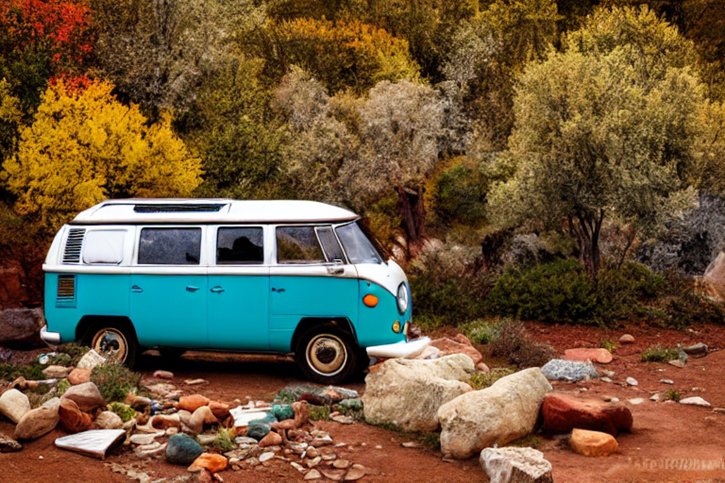 A colorful VW camper van rests on a paved campsite in Capitol Reef as stormy skies glow at sunset. A small stream winds through the rocky ground, surrounded by bright fall trees and giant stone slabs.