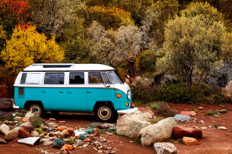 A colorful VW camper van rests on a paved campsite in Capitol Reef as stormy skies glow at sunset. A small stream winds through the rocky ground, surrounded by bright fall trees and giant stone slabs.