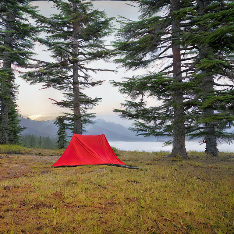 A bright red tent rests on a quiet campsite in the Alaskan wilderness. Fog drifts over the rolling hills as the sun sets, while a hammock hangs between the trees. A small dirt patch and scattered twigs add a cozy, wild touch.