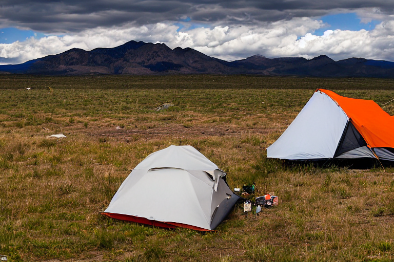 A black tent rests on a dirt patch at a quiet campsite in the Idaho plains. Mountains rise in the distance beneath a cloudy night sky. Camping gear and a clothesline add a cozy, lived-in feel.