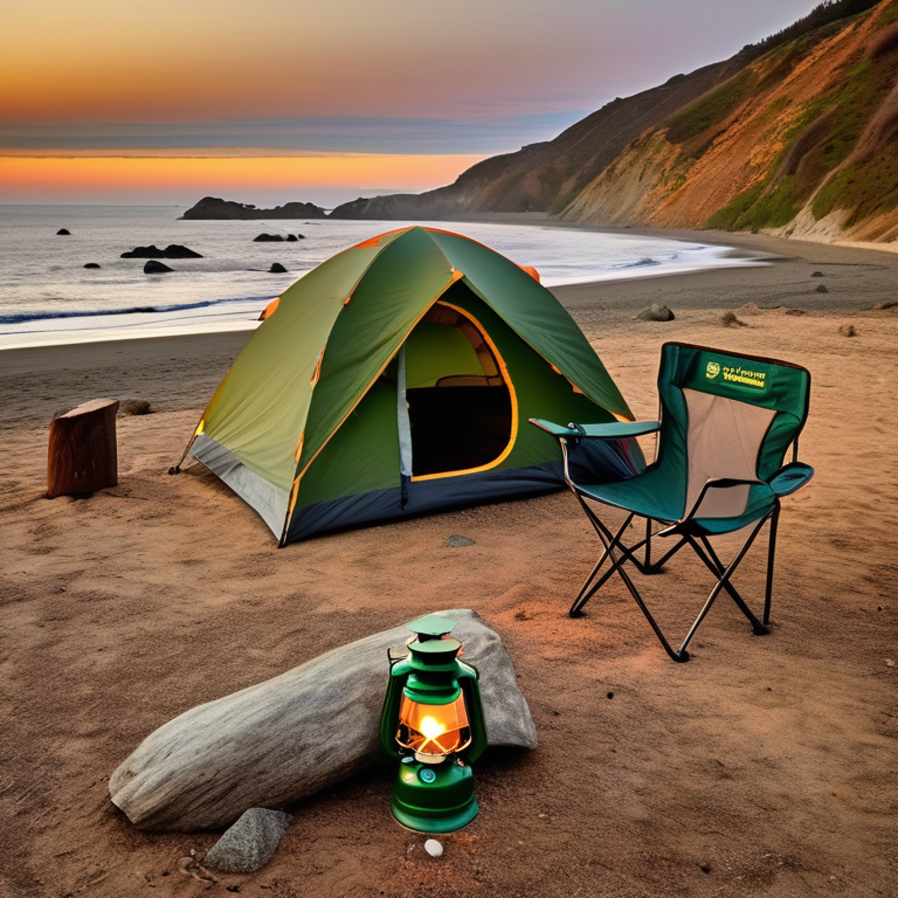 A green and tan tent rests by a campfire on the sunny California coast. Camping chairs, a backpack, and a lantern sit on the gravel nearby as the sunset warms the campsite with a soft glow.
