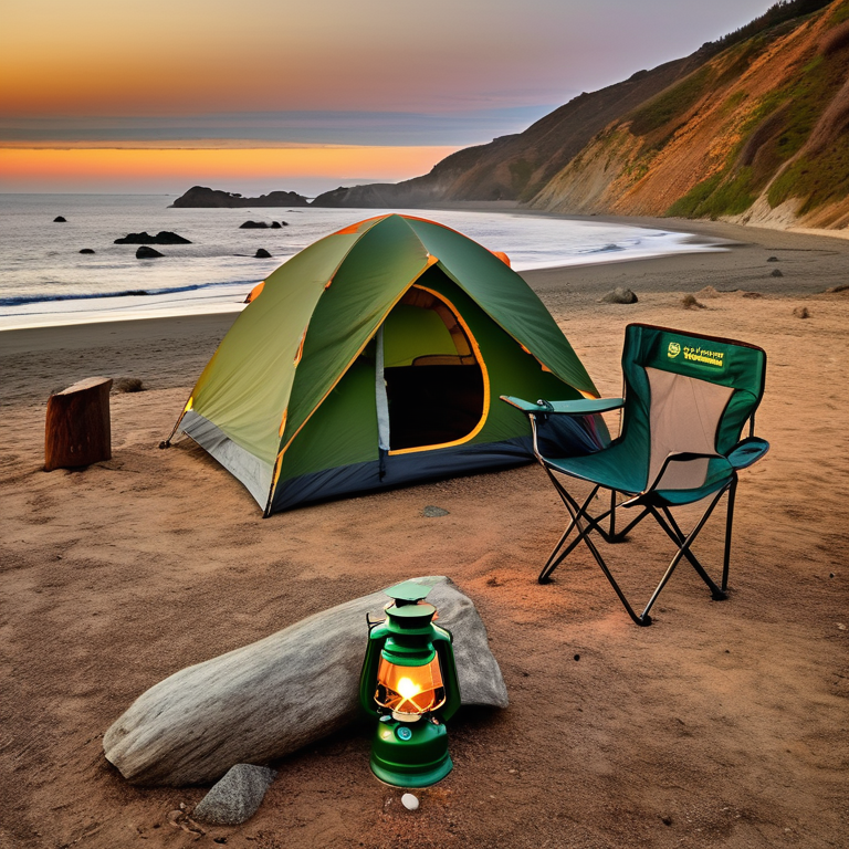 A green and tan tent rests by a campfire on the sunny California coast. Camping chairs, a backpack, and a lantern sit on the gravel nearby as the sunset warms the campsite with a soft glow.