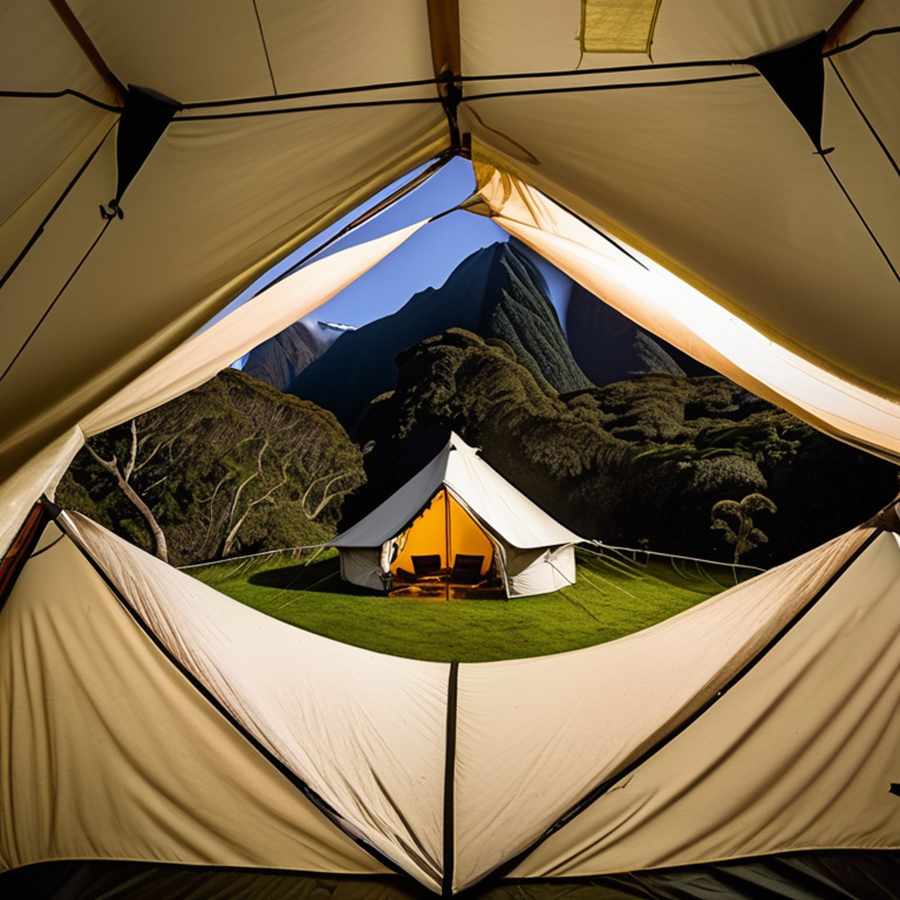 A green tent rests beside a warm campfire in a mossy forest at Milford Sound. The dusky sky glows above the trees, with a pale moon shining in the distance. A dirt clearing and parking spot make this peaceful campsite feel ready for adventure.