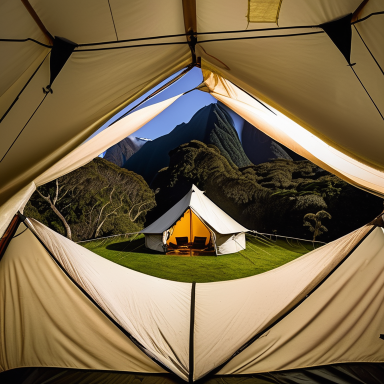 A green tent rests beside a warm campfire in a mossy forest at Milford Sound. The dusky sky glows above the trees, with a pale moon shining in the distance. A dirt clearing and parking spot make this peaceful campsite feel ready for adventure.
