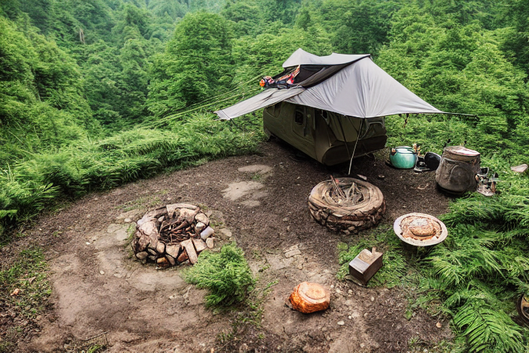 A green Subaru with its rooftop tent open rests in a quiet dirt campsite in Zhangjiajie. A warm campfire glows among stones and logs, surrounded by ferns and large rock slabs. Cloudy skies and dark forest air create a cozy nighttime mood.