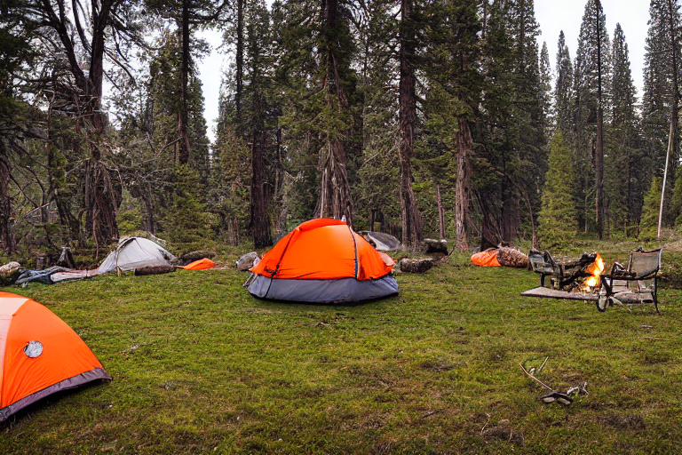 A gray and orange tent rests on a dirt patch at a paved Yosemite campsite. Rainy sunset light shines through the trees, with a hammock nearby and a large log beside the campfire.