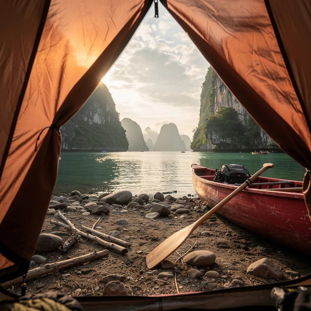 From inside a copper-colored tent, you look out onto a quiet rocky beach in warm golden light. A red canoe rests on the shore beside scattered stones and driftwood. Calm jade-green water stretches to misty limestone islands under a partly cloudy sky. The whole place feels peaceful and dreamy, like the day is slowing down.