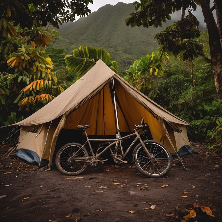 A cozy tan tent looks out over a moonlit campsite in Soufrière, St. Lucia. Fall-colored trees surround a parked bicycle and a fishing rod leaning against a tree. The dusty night air gives the scene a quiet, dreamy feeling.