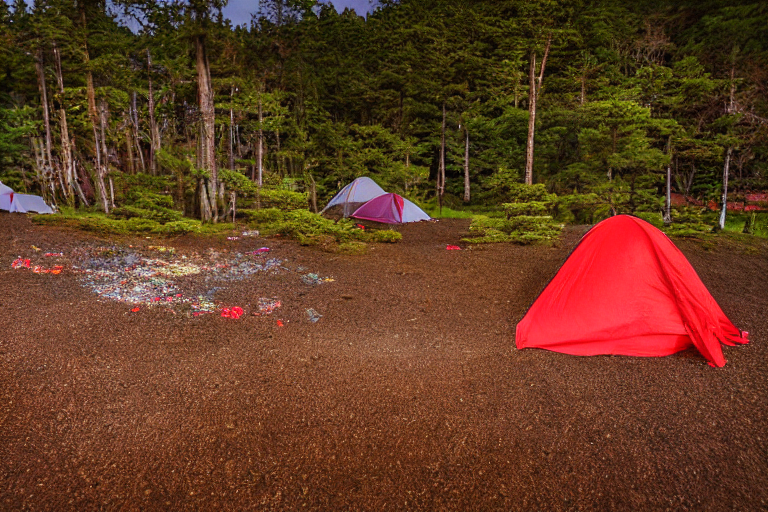 A bright red tent rests on a quiet dirt campsite in Miyajima, Japan. Rainy paths, hanging clothes, and small flowers add a cozy touch, while colorful northern lights glow above the trees.