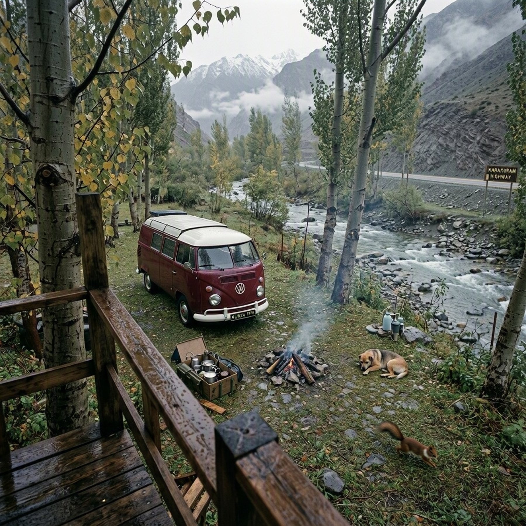A burgundy campervan rests in a quiet, rain-darkened poplar grove beside a clear mountain stream. Wet grass shines with dew as a small campfire smolders nearby and a dog sleeps peacefully. A red squirrel darts through the clearing beneath the misty Hunza Valley mountains.