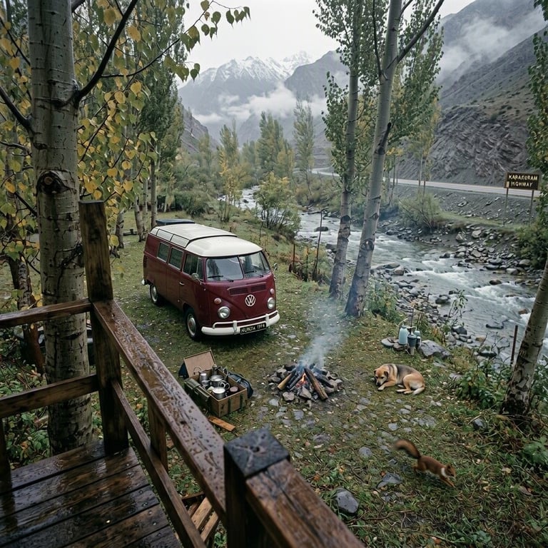 A burgundy campervan rests in a quiet, rain-darkened poplar grove beside a clear mountain stream. Wet grass shines with dew as a small campfire smolders nearby and a dog sleeps peacefully. A red squirrel darts through the clearing beneath the misty Hunza Valley mountains.
