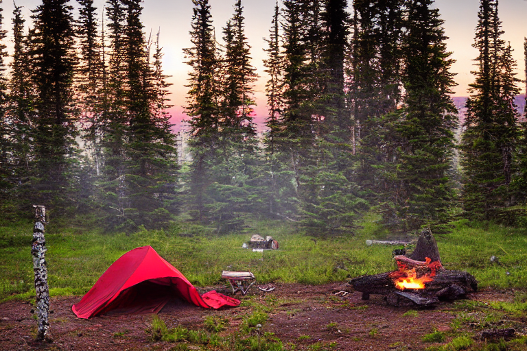 A red tent rests on a quiet dirt campsite in the Alaskan wilderness. Boulders, stones, and a hammock surround a warm campfire as fog drifts through the trees. The sunset gives the peaceful scene a soft, golden glow.