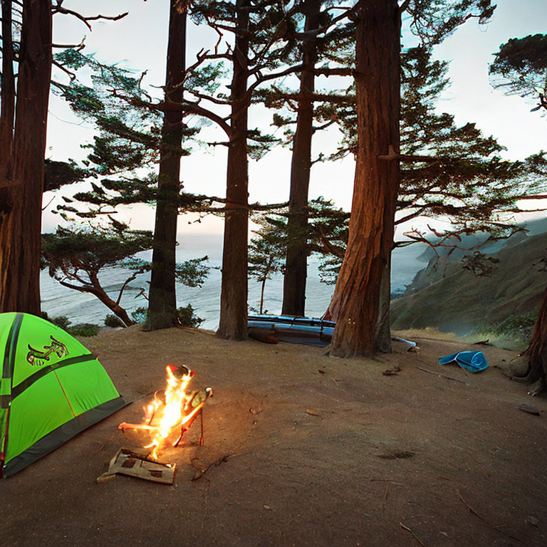 A teal tent rests on a rough dirt clearing beneath tall trees in Big Sur. A warm campfire glows beside camping gear as rain falls softly. Above, bright green auroras light up the dark night sky.