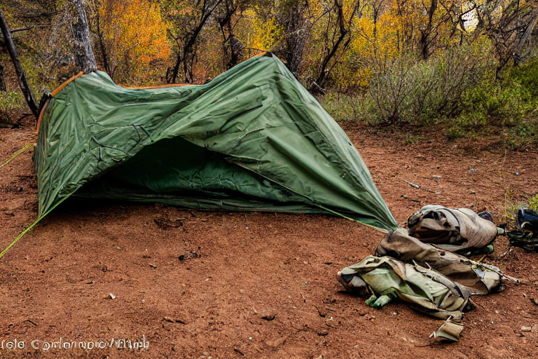 A green camo tent rests on a dirt patch beneath colorful fall trees in Capitol Reef National Park. Stormy night skies create a wild, moody feeling, while a backpack and twig lie nearby. A distant camper’s flashlight glows softly in the dark.