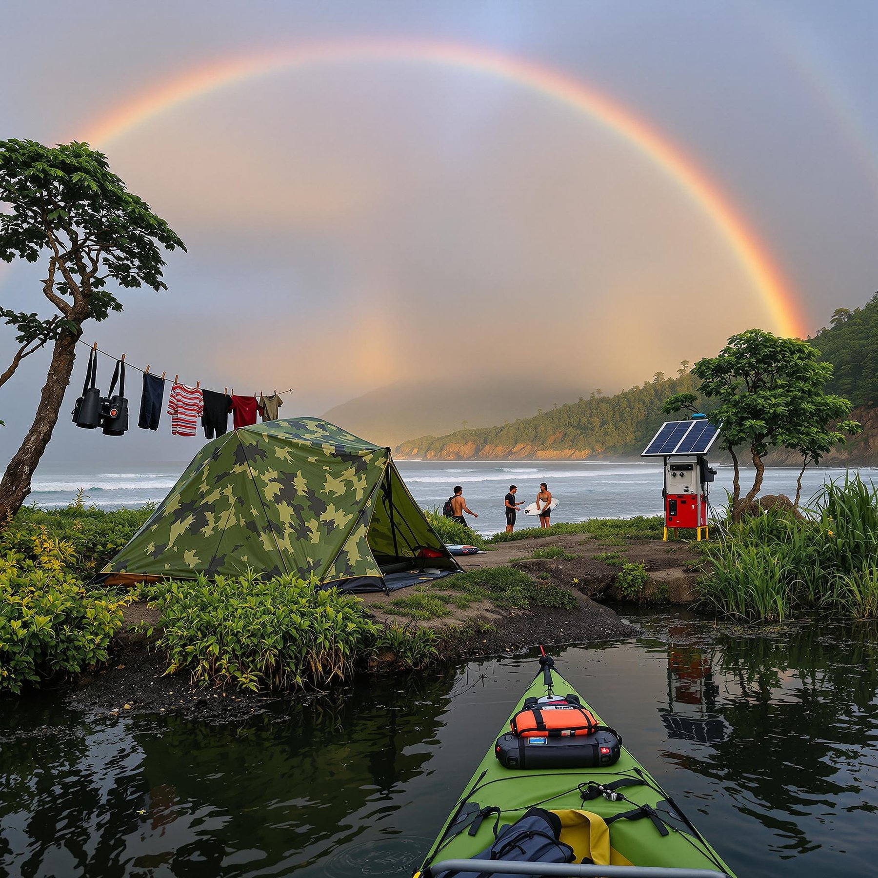 This campsite sits by a peaceful lake with a bright rainbow in the sky. There’s a camo tent, a kayak by the water, and clothes hanging to dry. Friends laugh together as the sun shines and nature surrounds them.